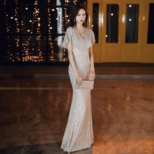 Sexy Deep V-neck Mermaid Evening Dresses Champagne Sequin Evening Gown Lotus Sleeve Elegant Long Prom Formal Gown Robe De Soiree