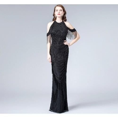 Halter Black Rhinestones Evening Dress Elegant Formal Evening Gown Long Party Dress Mermaid Sleeves