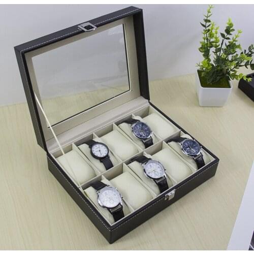 VoltaBox 2021 New PU Leather Plain Black 10 Digit Watch Storage Box Watch Display Box watch organizer leather watch box