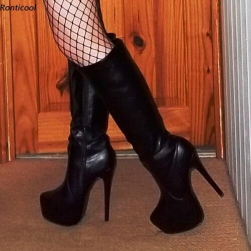 Ronticool Handmade Women Winter Knee Boots Full Side Zipper Stiletto Heels Round Toe Black Night Club Shoes Plus US Size 5-20