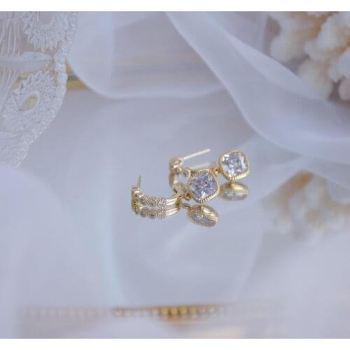 14k Real Gold Fashion Jewelry Square Crystal C-shaped Exquisite Stud Earrings for Woman Holiday Party Elegant Earring