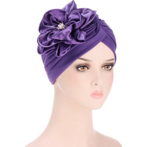 Womens Turban Cap Big Flower India Hat Soild Color Muslim Head Wraps Islam Headwear Turbante Mujer Chemo Hat