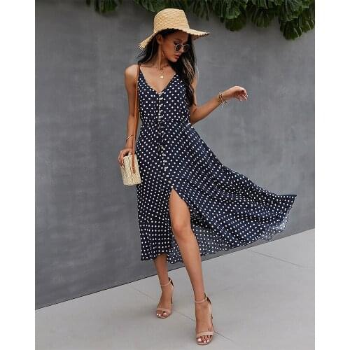 Boho V-neck Polka Dot Sexy Dress Split Lace-up Summer Beach Long Dress Sleeveless High Waist Holiday Maxi Dress Female new