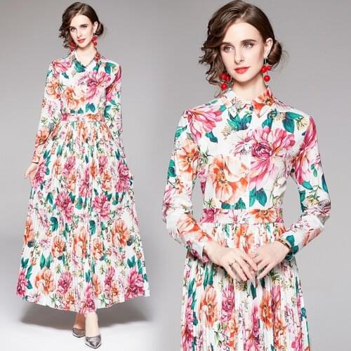 Women Long Sleeve Shirt Collar Rose Floral Printed Loose Robe Femme Autumn Bohemian Designer Colorful Flower Pleated Dress 8617