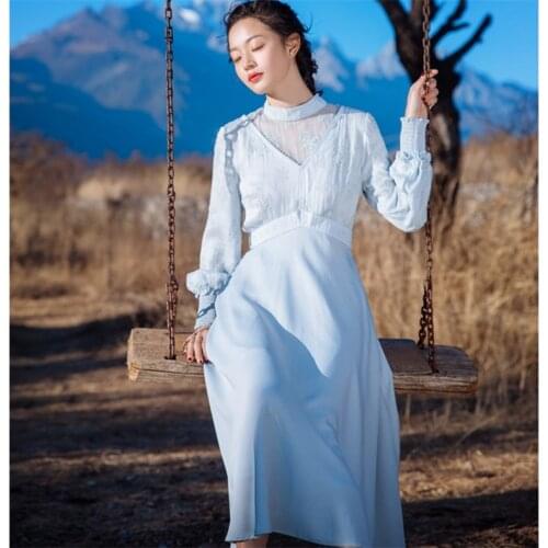 New High Quality Explosions Leisure Vintage Elegant Dresses Women Embroidery grace fullSleeve Spring summer Casual Dress