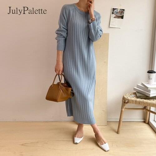 JulyPalette Solid O-neck Knitted Dress Womens Long Knit Straight Dress Autumn Winter Casual Elastic Loose Femme Maxi Vestidos
