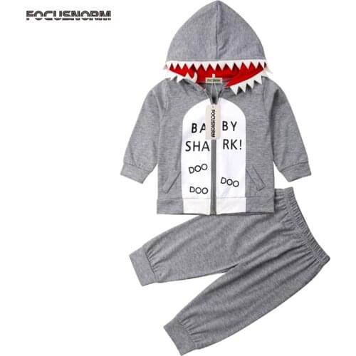2Pcs Toddler Kids Baby Boy Shark Hooded Clothes Hoodies T-Shirt Tops Pants Spring Outfits Set Clothing