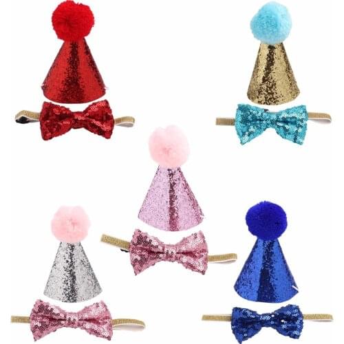 2Pcs/set Pet Dogs Caps With Bowknot Cat Dog Birthday Costume Sequin Design Headwear Cap Hat Christmas Party Pets Accessories