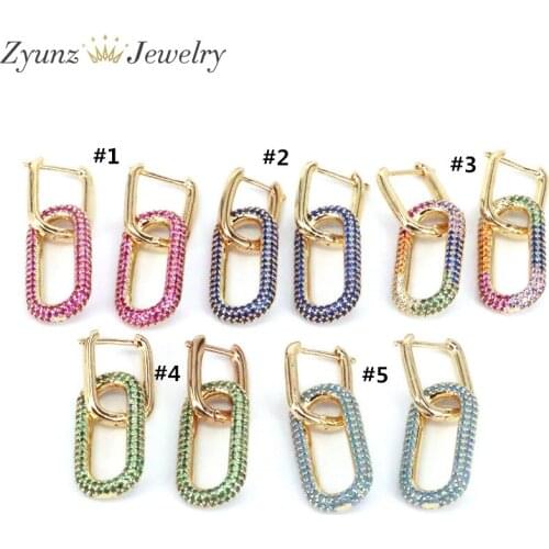 3 Pairs, Fashion Statement Gold Color Geometric Rectangle Colorful CZ Earrings For Women Hanging Dangle Earrings Female Jewelry