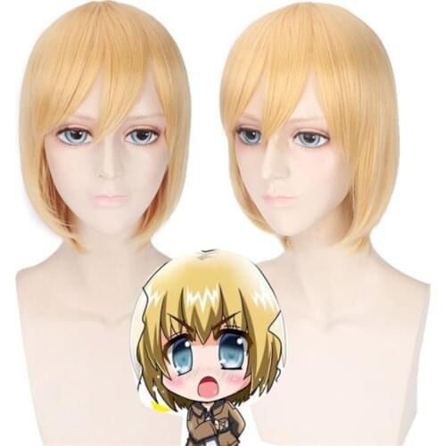 35cm Anime Attack on Titan Cosplay Armin Arlert Wig Role Playing Wigs Halloween Cosplay Short Yellow Gold Hair Wig Cap