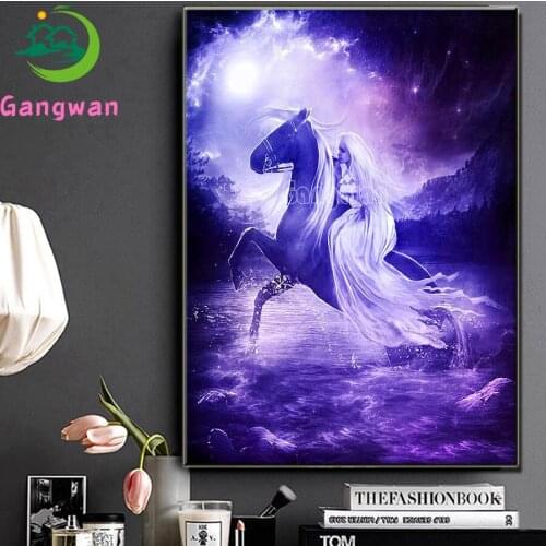White fairy and black horse diamond painting cross stitch rhinestones full square round drill diamond embroidery mosaic beauty