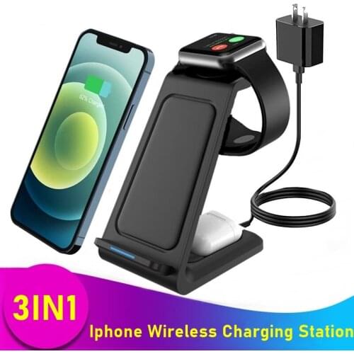Wireless Charger Stand 3 in 1 Qi 10W Fast Charging Dock Station for Apple Watch iWatch 6 5 4 3 2 AirPods Pro iPhone 12 11 XS XR