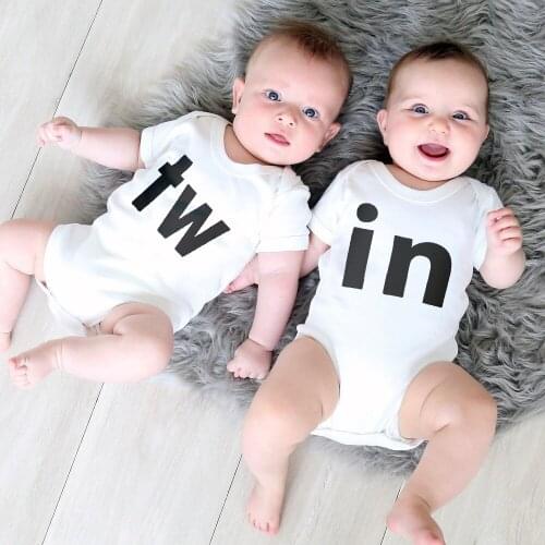 TW IN Letter Print Newborn Infant Baby Boys Girls Bodysuit Cute Baby Twins Short Sleeve Bodysuits Outfits Clothes Baby Clothes