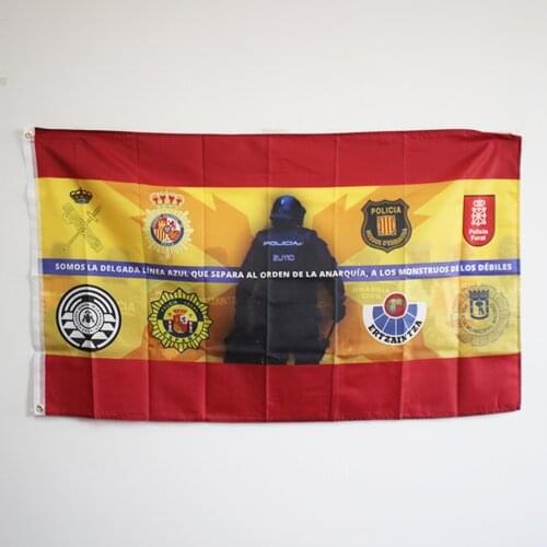 Flag of spain with police shields and phrases of the thin blue line civil guard 3x5ft 90x150cm 100d polyester