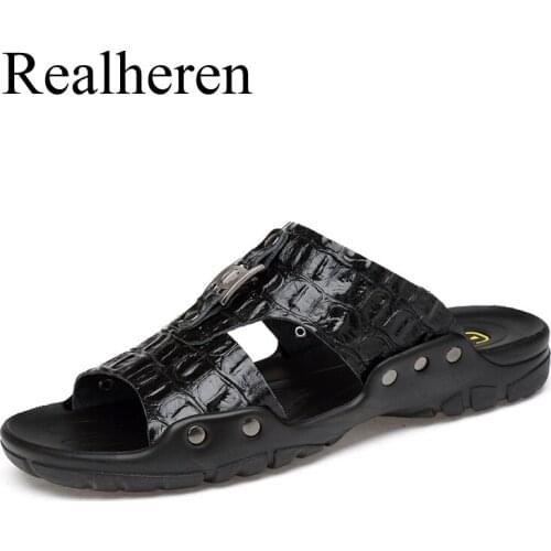 Summer Men Leather Slides Slippers Plus Size 48 49 50 Designer Beach Casual Outdoor Black High Quality Pantuflas Hombre New 2021