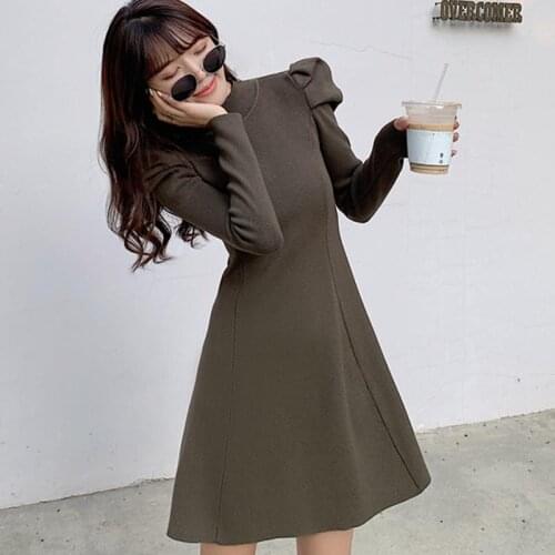 New Autumn Knit Sweater Dress Women One-Piece Winter Puff Sleeve Slim Bodycon Midi Dresses Woman Knitted Dress Lady Dress