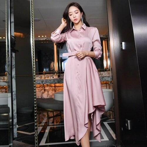 New Spring Women Solid Color V-Neck Long Sleeve Ruffles Loose Maxi Dresses Lady Office Elegant Robe Shirt Vestidoes Female