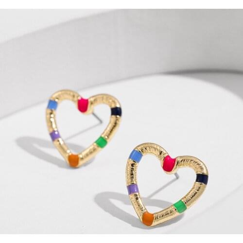 New Fashion Multicolor Drip Oil Enamel Heart Earrings for Women Vintage Bohemia Hollow Heart Stud Earrings Female Jewelry 2021