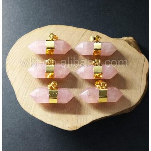 WT-P906 Wholesale raw rose stone pendant ,double points gold trim pink stone pendant for necklace