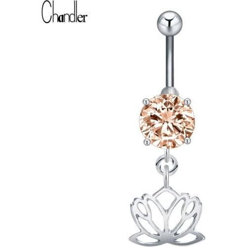 Handmade Lucky Buddhist Totem Lotus Flower Belly Button Ring Funky Body Jewelry Barbell Crystal Dangle Nave Piercing For Dancer