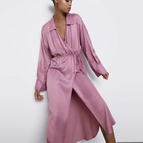 Spring Summer Women Dress ZA Soild Lady Sleep Party Dress Loose Elegant Girl Deep V-neck Shirts Dress Long Sleeve Outfits