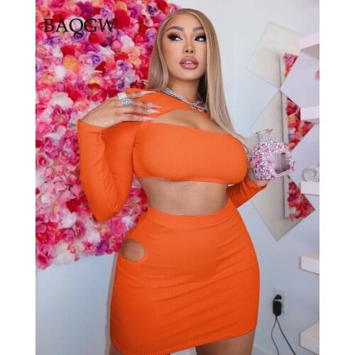 Sexy Hollow Out Knitted 2 Piece Bodycon Dress Women 2 Piece Set Long Sleeve Casual Mini Dress Female Streetwear Vestido Outfits