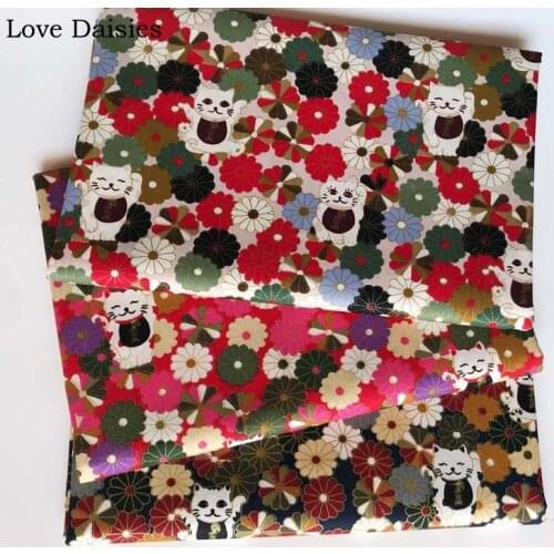 100% combed cotton bronzed Japanese style BEIGE RED NAVY flower floral lucky cat fabrics for DIY handwork craft quilting decor