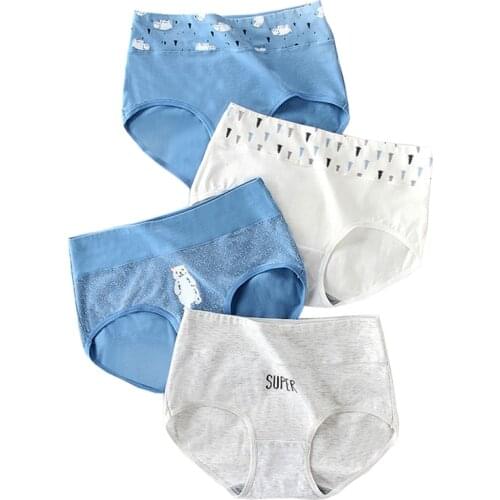 ZJX 4Pcs/set High Waist Cotton Women Panties Soft Girls Underwear Seamless Briefs for Women Breathable Fashion Print Lingerie
