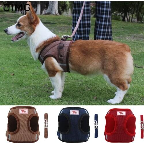 OIMG Corduroy Dog Harness and Leash Dog Vest Breathable Pet Harness For Small Meduim Refective Walking Lead Leash Set Bulldog