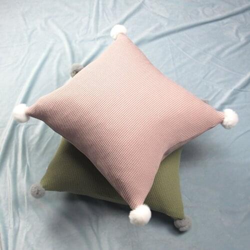 High-grade cotton knit waffle rabbit fur ball lotus pink and olive green cushion cover