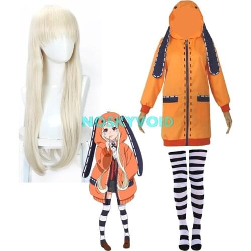 Yomoduki Runa Cosplay Jackets Childrens Costume Kakegurui Compulsive Gambler Runa Wig Girl Orange Coat Hooded Zip Coats