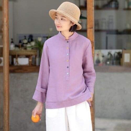 Johnature Spring Summer Nine Quarter Sleeve Single Breasted Irregular All-match Shirt 2021 New Loose Leisure 2 Color Women Tops