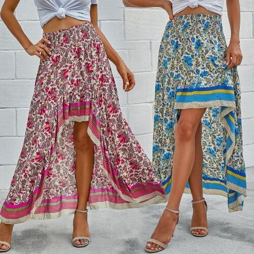 Women Skirt 2020 Stylish Elastic High Waist Ethnic Floral Print High Low Hem Long Skirt Womens Clothing женские юбки