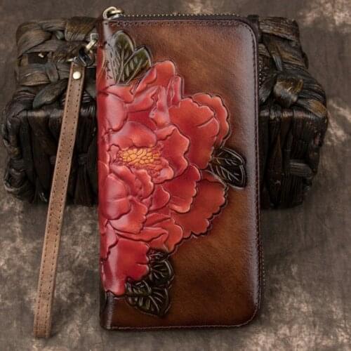 Floral Clutch Wallet Zipper Bag Embossed Women Printing Female ID Credit Cards Clips Genuine Leather Long Purse Wrist Money Bags