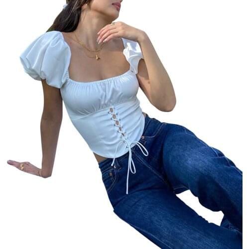 Women’s lightweight Fashion Puff Sleeve Pullover Tops sexy square neck bandage exposed navel Korean Solid Color Lace-Up T-shirt