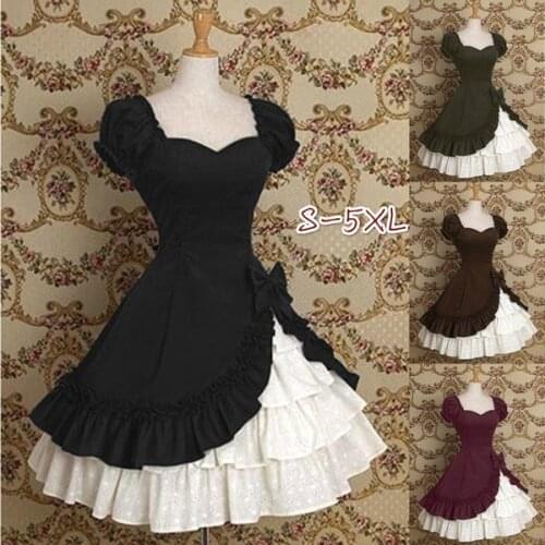 S-5XL Women Fashion Classic Lolita Drapery Dress Ruffle Tiered Pretty Bow Dress Short Sleeve Two Pieces Lace Patchwork Dress