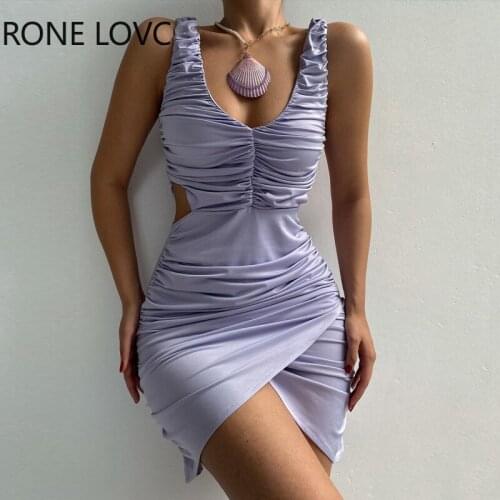 Women Solid Tank Hollow out Wrap Silt Folds Mini Sexy Party Purple Dresses