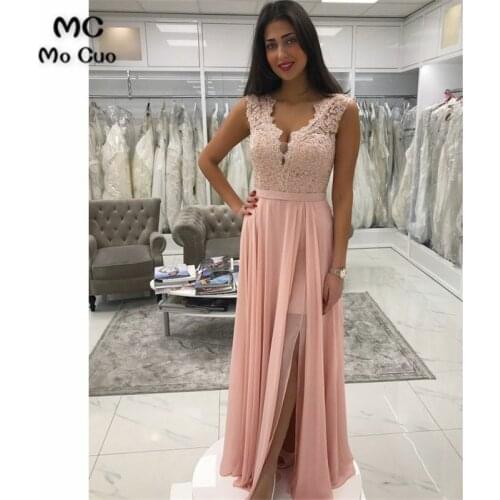 2019 Pink Prom Dresses Long with Lace Beaded V-Neck Front Slit Chiffon Vestido Longo Formal Evening Party Dress for Women