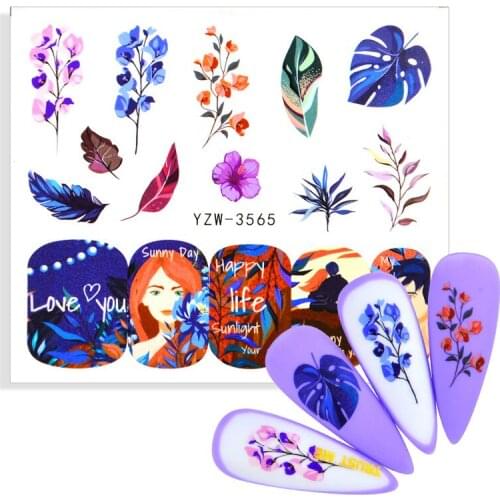 1 Sheet Flowers Geometric Lines Nail Water Decals Spring Simple Theme Floral Leaves Watermarks Sticker Nail Art Decoration