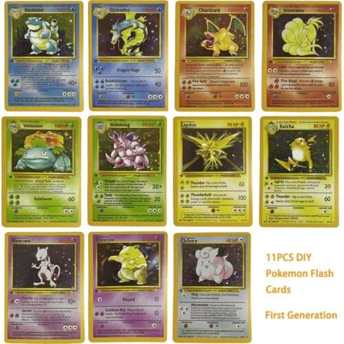 10Pcs + 1Pcs Diy Pokemon Kaarten Raichu Mew Vulpix Charizard Venusaur Blastoise Eerste Generatie Flash Card Collectible Toys