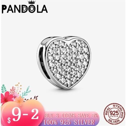 2021 new 925 Sterling Silver Pavé Heart Clip Charms Beads Bracelet Fit Original Pandora Bracelet DIY Jewelry For Women