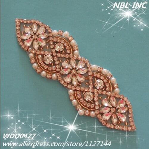30 pieces) Wholesale hand beaded rose gold crystal rhinestone applique iron on for dresses WDD0427
