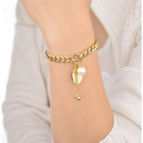 316L Stainless Steel Pearl OT Shape Buckle Tassel Oval Pendant Thick Chain Bracelets For Women Fashion Trend Fine Jewelry Gift