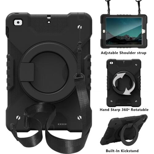 360 Rotating Tablet Funda for IPad 9.7 2018 2017 6th 5th A1822 A1823 A1893 A1954 Case Shockproof 3 Layer Silicon PC Cover+ strap