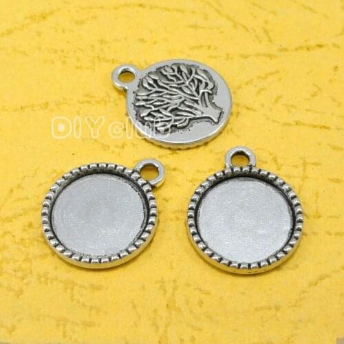 70pcs--Antique Silver Round Life Tree Cameo Cabochon Base Settings Charms, inner 14mm