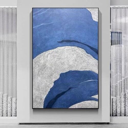 Handmade Abstract Oil Painting Wall Art Blue and White Minimalist Modern On Canvas Decorative For Living Room No Frame