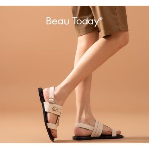 BeauToday Gladiator Sandals Women Calfskin Genuine Leather Buckle Strap Slingback Summer Beach Flats Ladies Shoes Handmade 32249