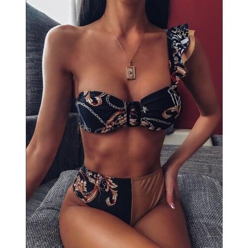 Floral One Shoulder Sexy high waist bikini 2020 Ruffles Patchwork Push Up swimsuit female swimwear women retro bathing suit