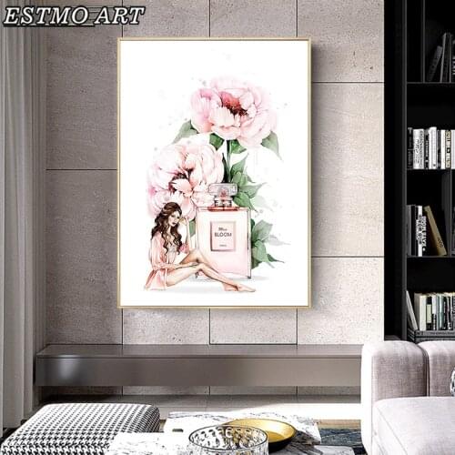 Pink Flowers Perfume Bottle Fashion Girl Abstract Art Poster Nordic Simple Canvas Prints Cartoon Wall Pictures Living Room Decor