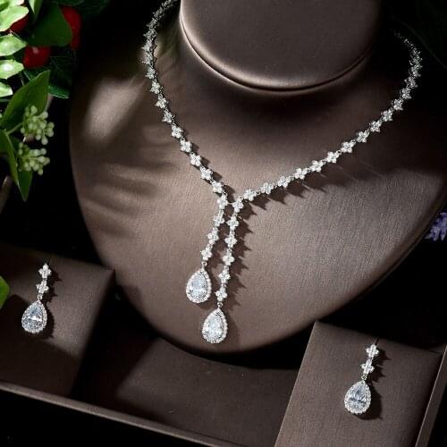 HIBRIDE Fashion Cubic Zirconia Water Drop Pendant Necklace and Earrings Bridal Wedding Jewelry Sets for Brides Party N-1282